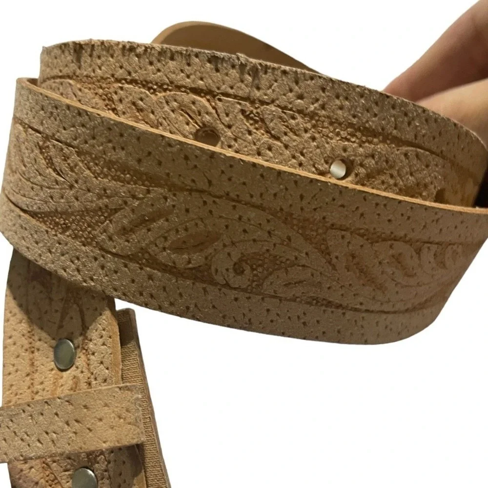 Western Tan Tooled‎ Leather Belt Silver Engraved Buckle Metal Tip Size S